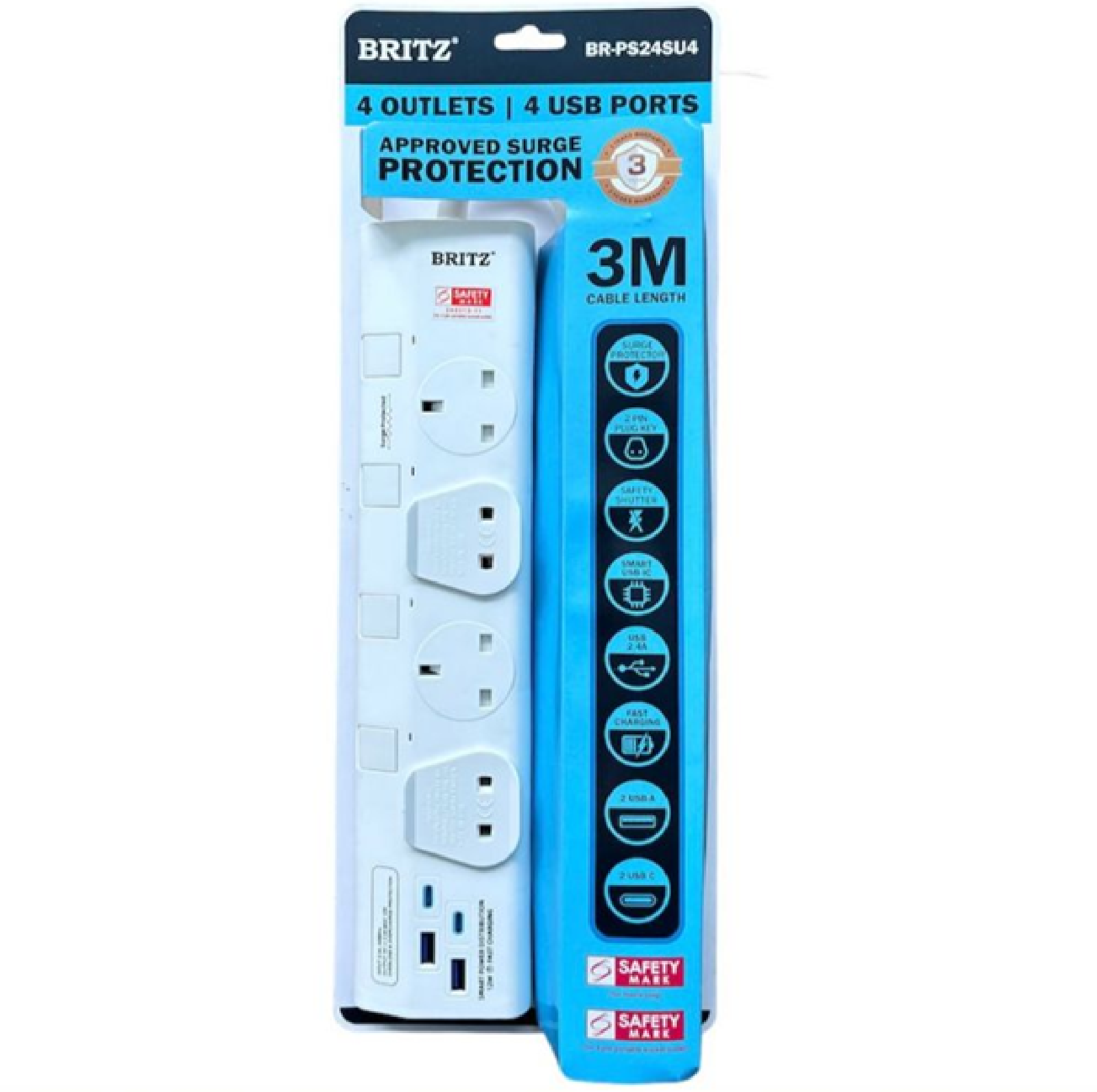 Britz 4 WAY 3M Extension Cord With Surge Protection 2 X USB & 2 X TYPE-C BR-PS24SU4 WHITE